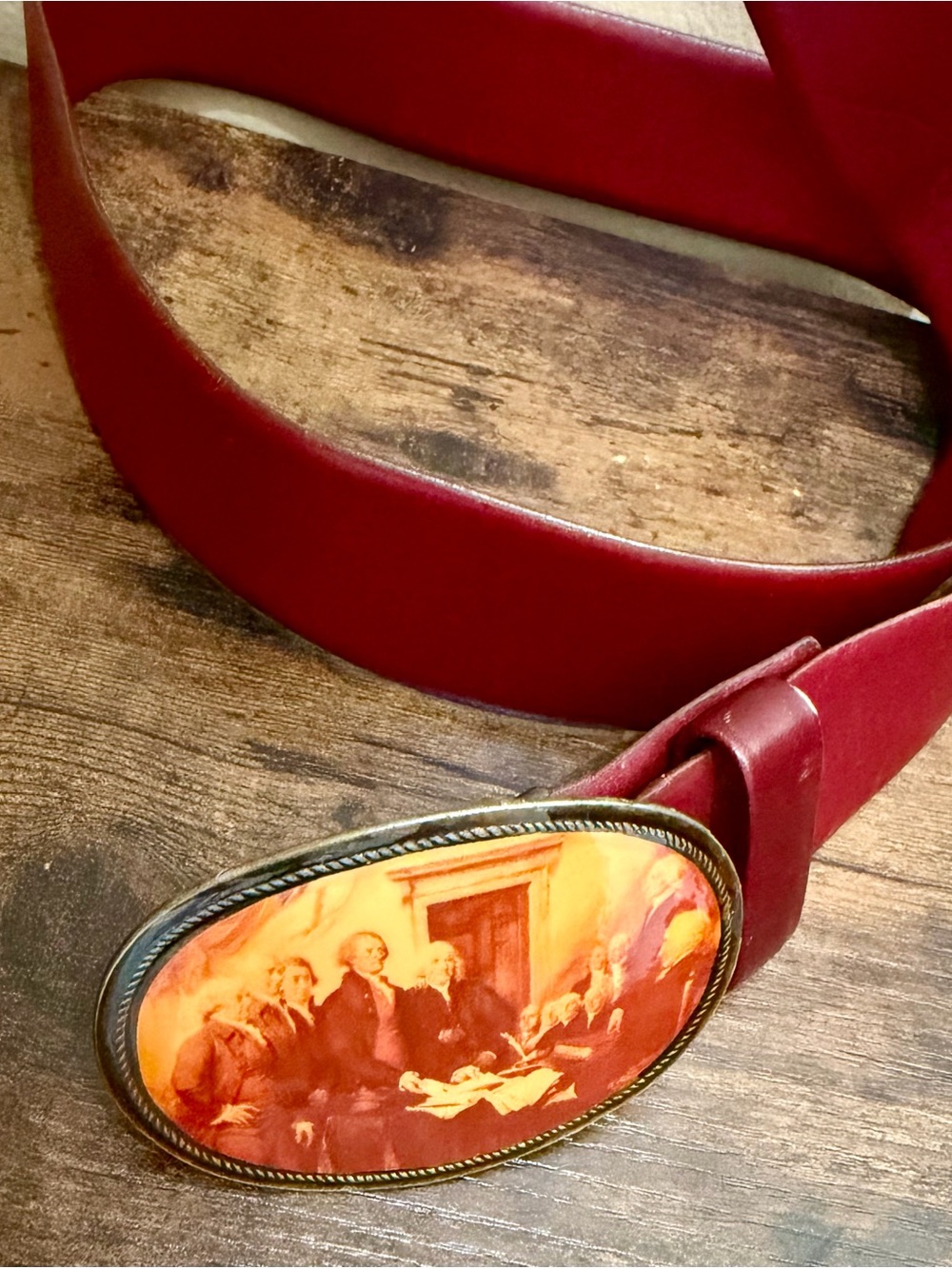 Men's Red Leather Belt with Decorative Oval Historical Buckle